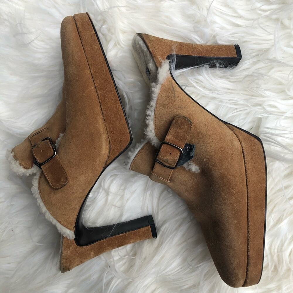 Stuart Weitzman Suede Buckle Fuzzy Platform Heel - image 7